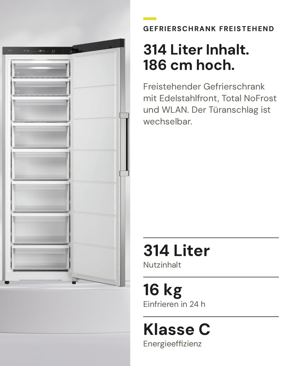 ASKO Gefrierschrank RFF 286 KNCS1 auf einen Blick: Nutzinhalt 314 Liter, Einfrieren in 24 h 16 kg, Energieeffizienz Klasse C