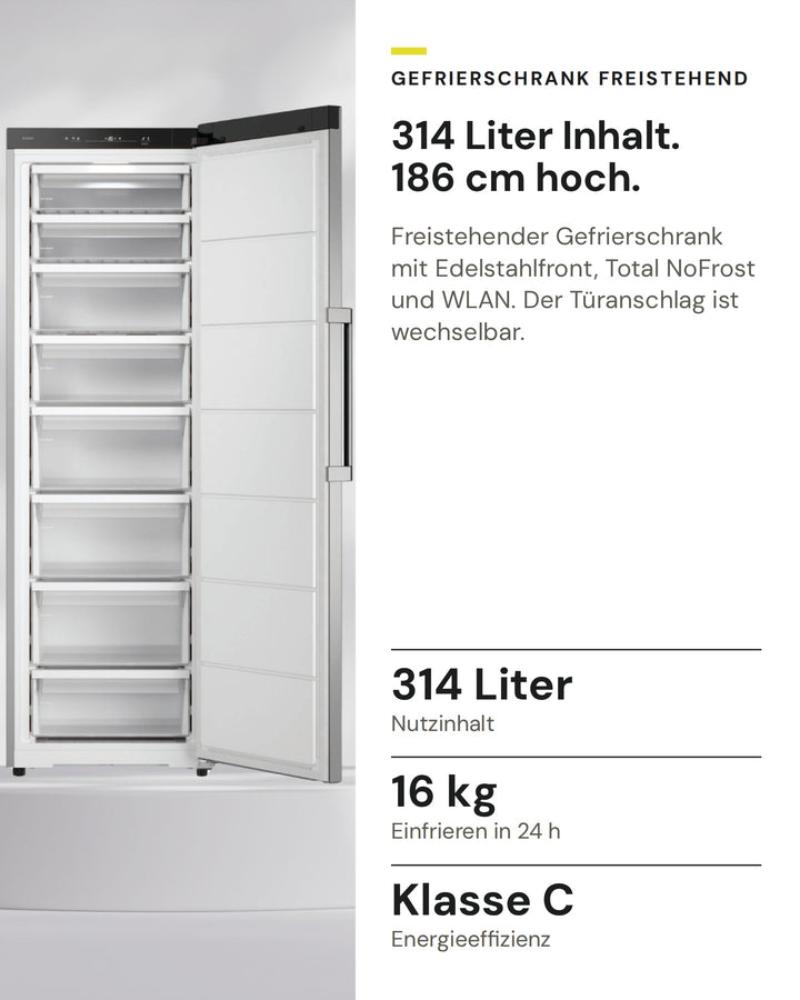 ASKO Gefrierschrank RFF 286 KNCS1 auf einen Blick: Nutzinhalt 314 Liter, Einfrieren in 24 h 16 kg, Energieeffizienz Klasse C