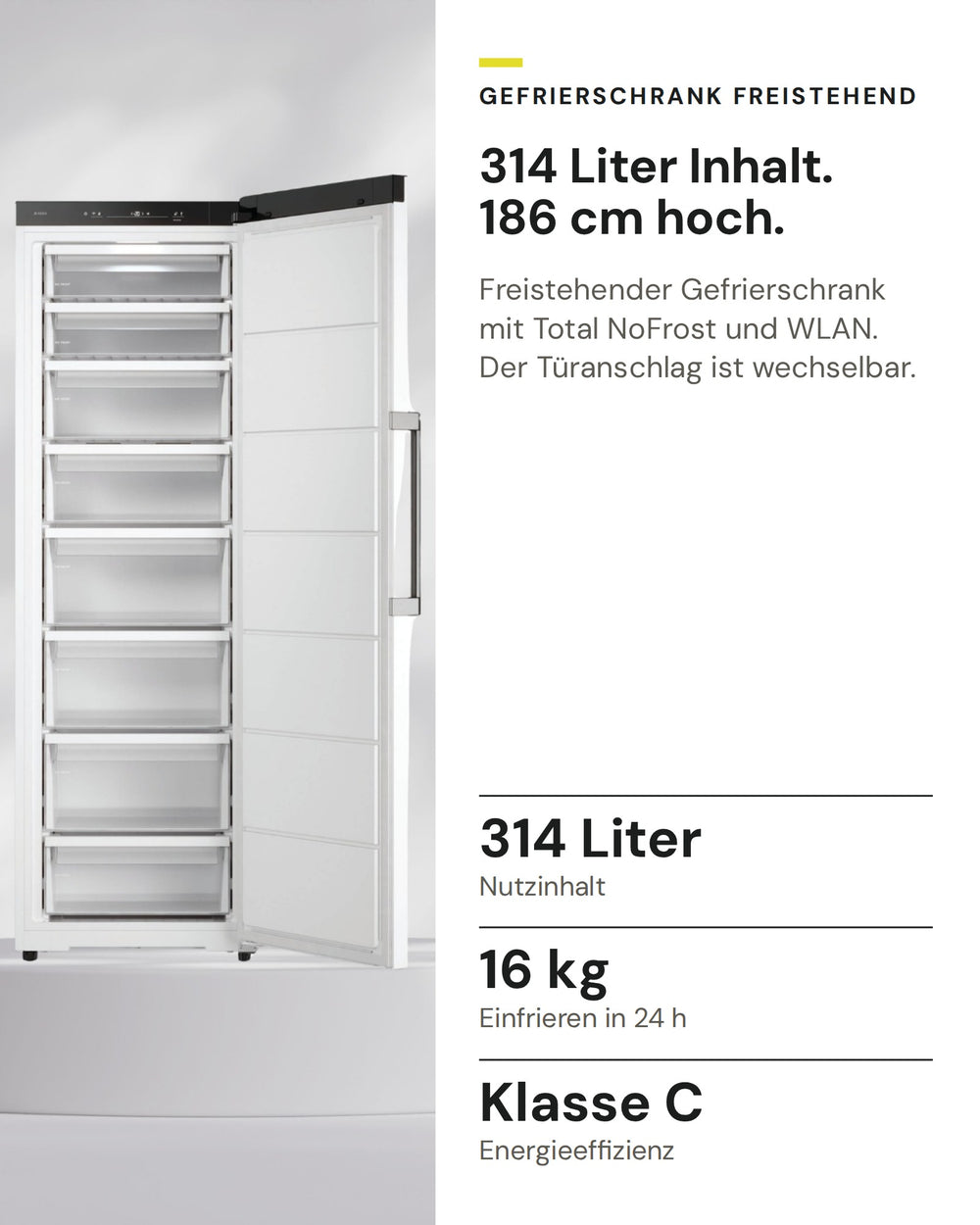 ASKO Gefrierschrank RFF 286 KNCW1 auf einen Blick: Nutzinhalt 314 Liter, Einfrieren in 24 h 16 kg, Energieeffizienz Klasse C