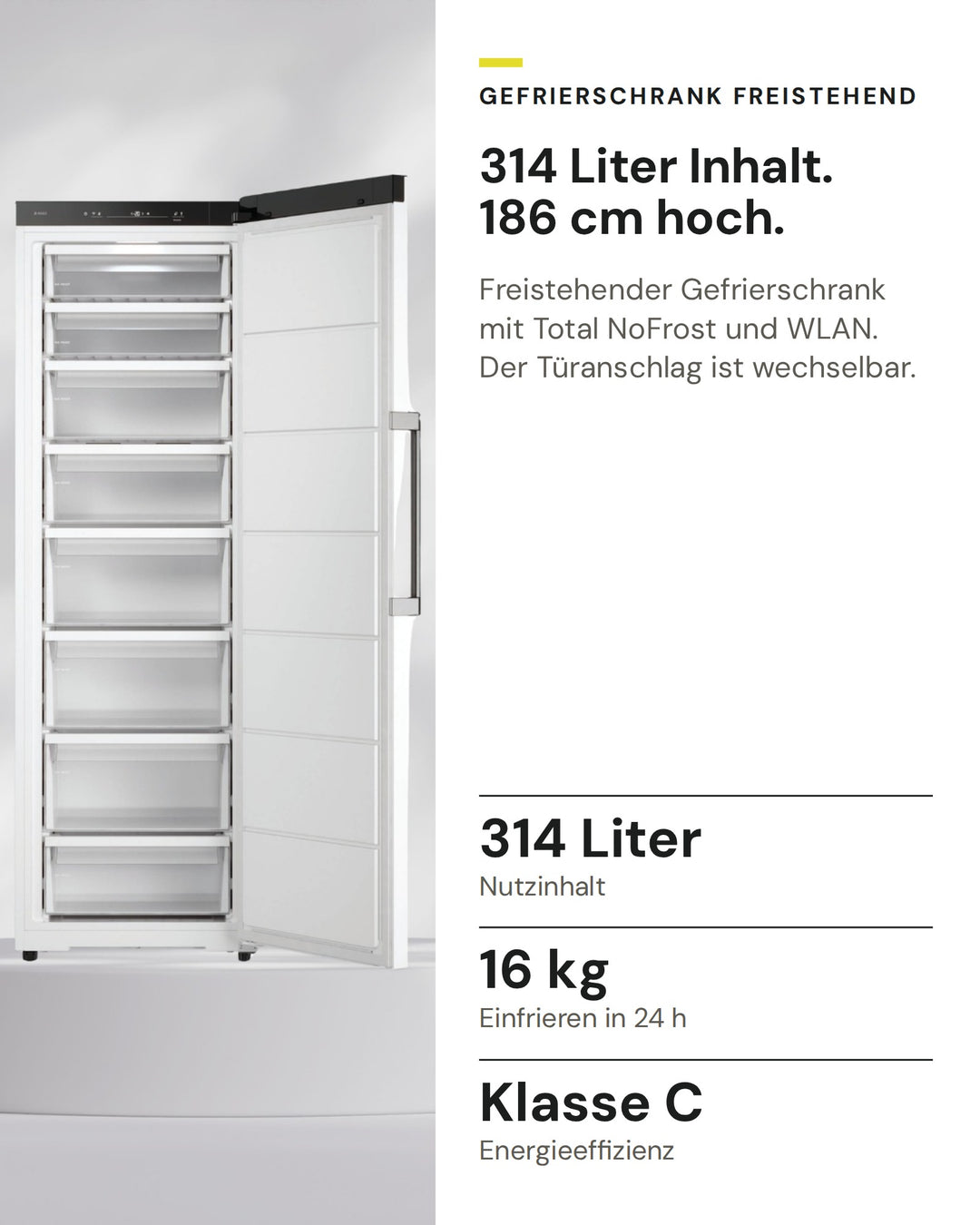 ASKO Gefrierschrank RFF 286 KNCW1 auf einen Blick: Nutzinhalt 314 Liter, Einfrieren in 24 h 16 kg, Energieeffizienz Klasse C