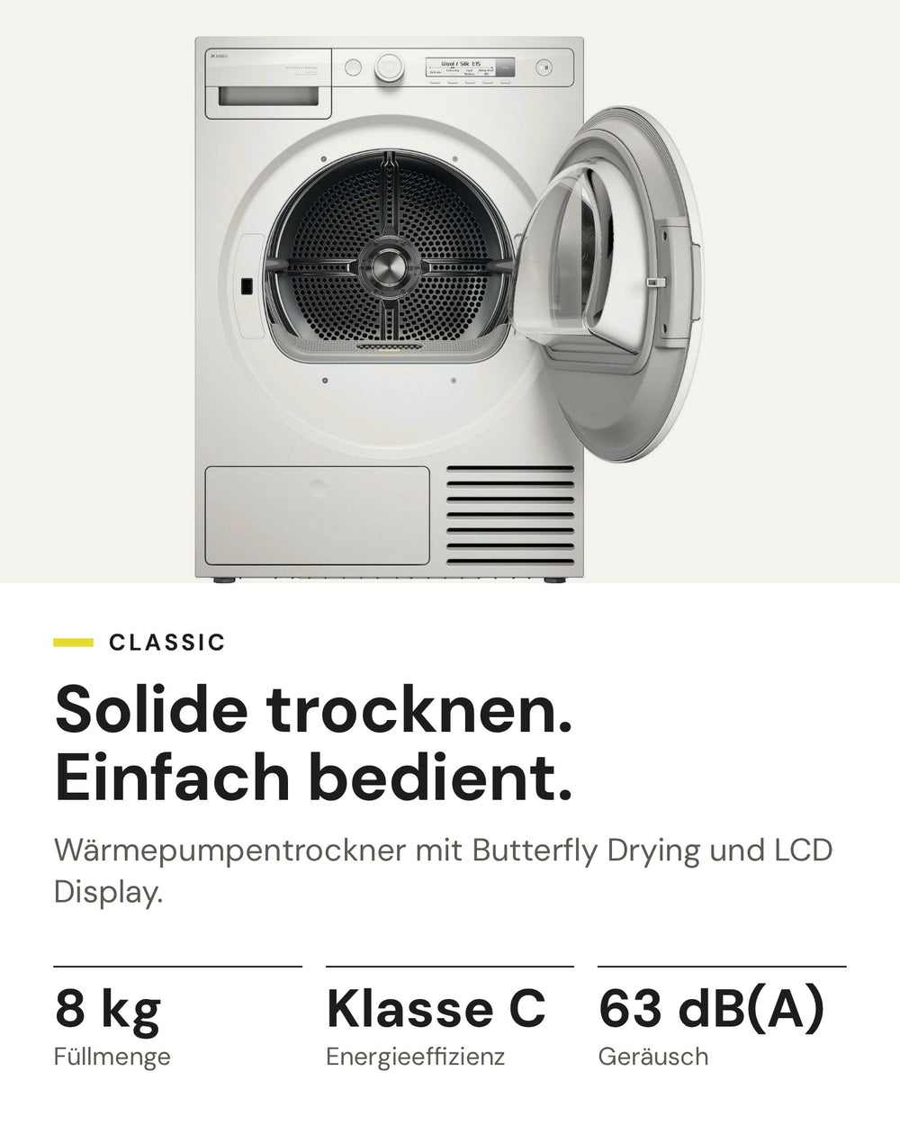 ASKO Wäschetrockner T 108HB W auf einen Blick: Wärmepumpe, 8 kg Füllmenge, Energieeffizienzklasse C, 63 dB(A)