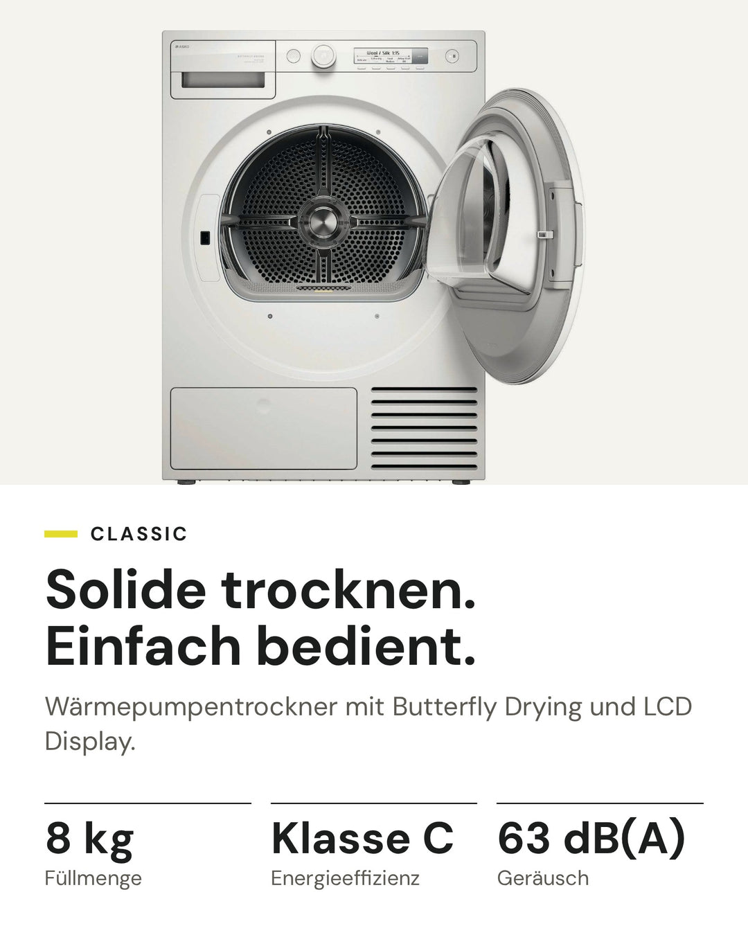 ASKO Wäschetrockner T 108HB W auf einen Blick: Wärmepumpe, 8 kg Füllmenge, Energieeffizienzklasse C, 63 dB(A)