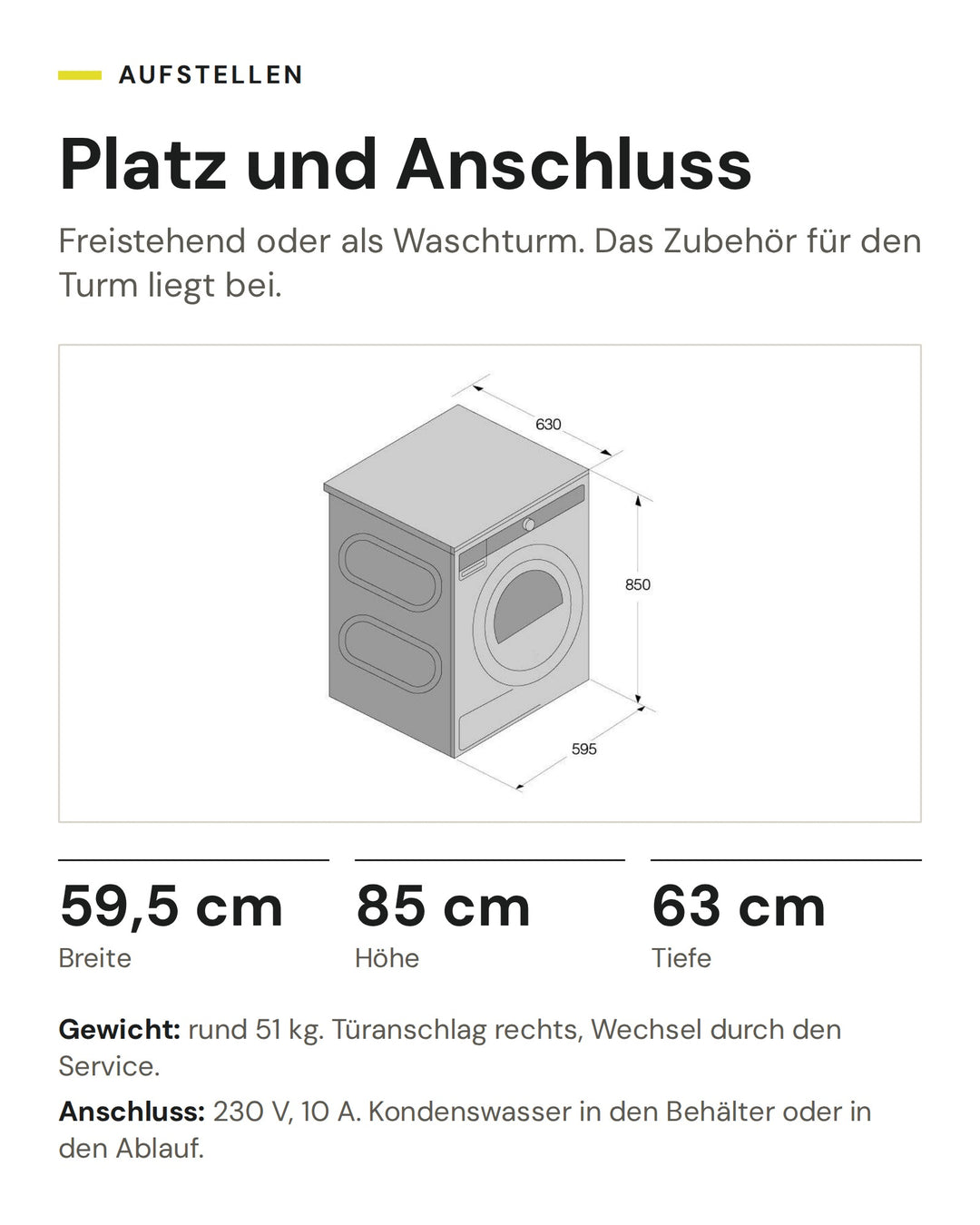 Masse des ASKO Wäschetrockners T 108HB W: 59,5 cm breit, 85 cm hoch, 63 cm tief, Anschluss 230 V, 10 A