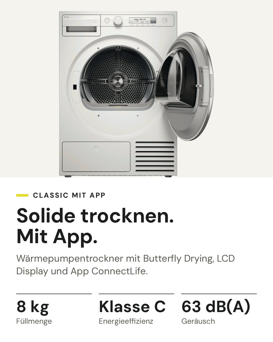 ASKO Wäschetrockner T 108HC W auf einen Blick: Wärmepumpe, 8 kg Füllmenge, Energieeffizienzklasse C, 63 dB(A)