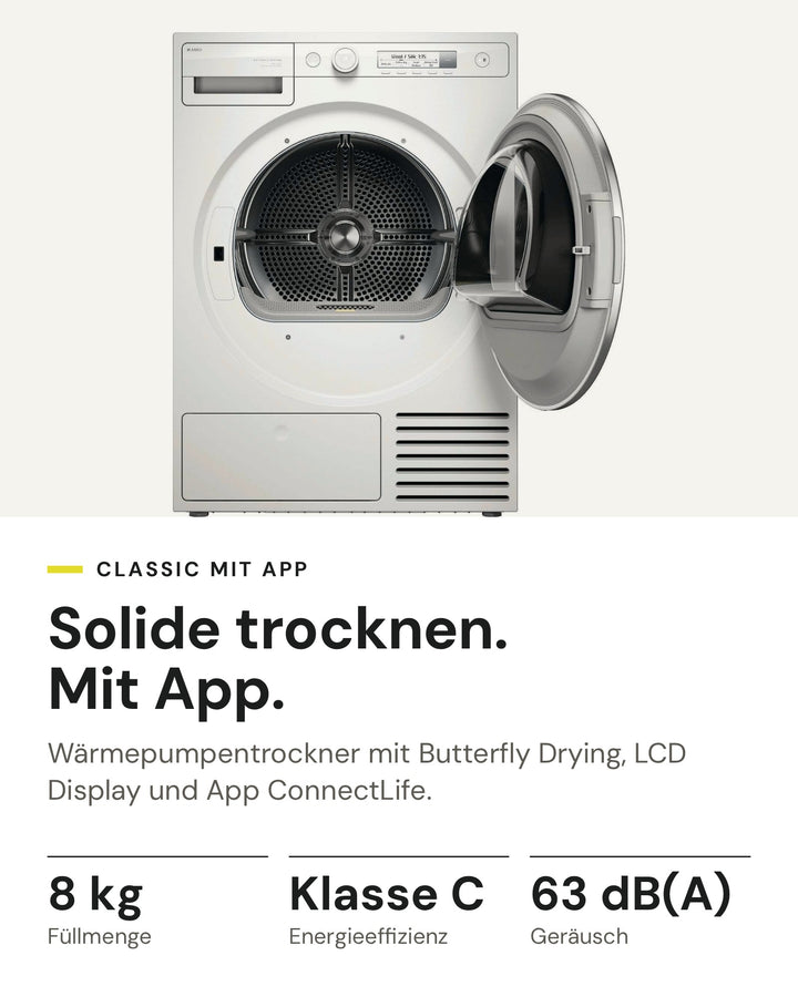 ASKO Wäschetrockner T 108HC W auf einen Blick: Wärmepumpe, 8 kg Füllmenge, Energieeffizienzklasse C, 63 dB(A)