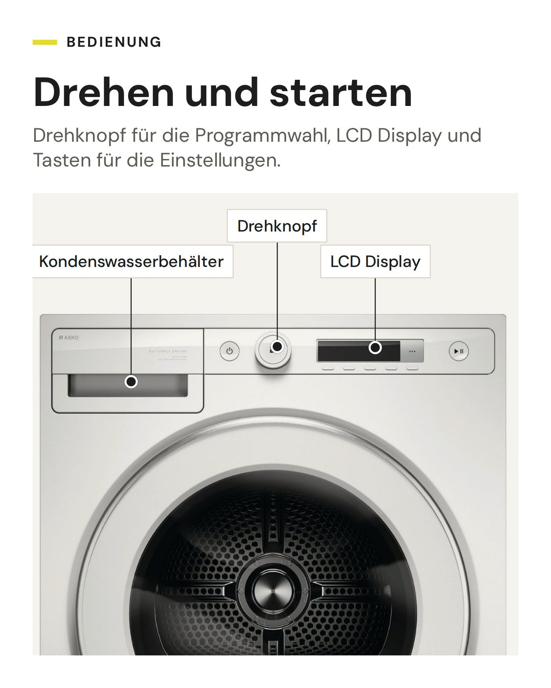 Bedienung des ASKO Wäschetrockners T 108HC W: LCD Display und Drehknopf, Kondenswasserbehälter oben links