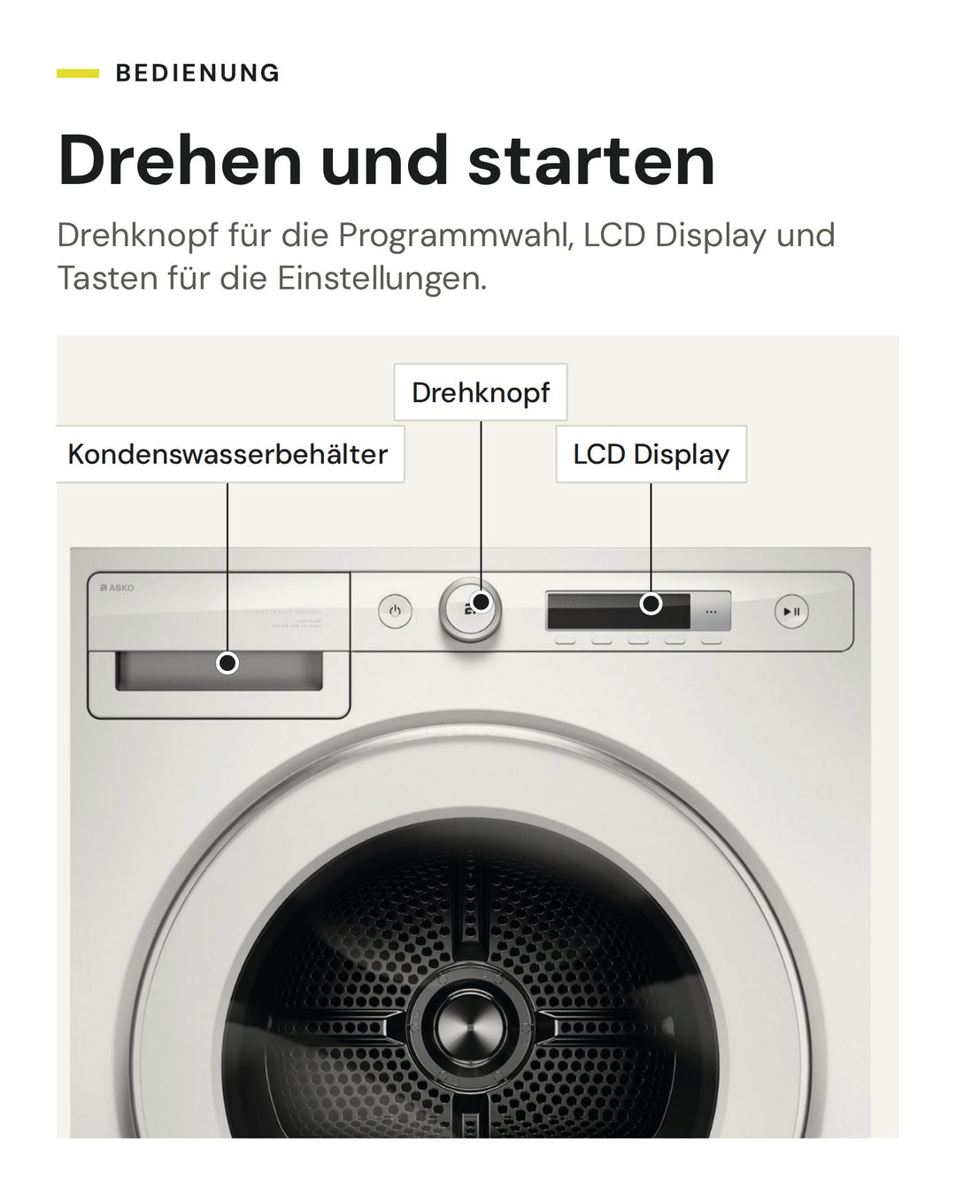 Bedienung des ASKO Wäschetrockners T 309HC W: LCD Display und Drehknopf, Kondenswasserbehälter oben links