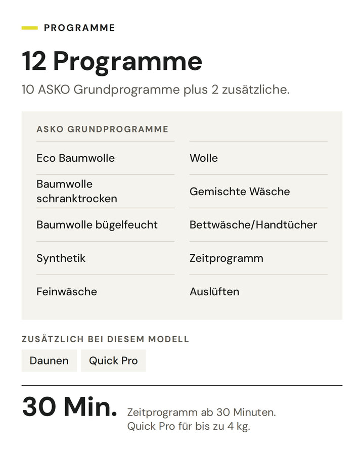 Die 12 Programme des ASKO Wäschetrockners T 309HC W: 10 ASKO Grundprogramme plus Daunen und Quick Pro