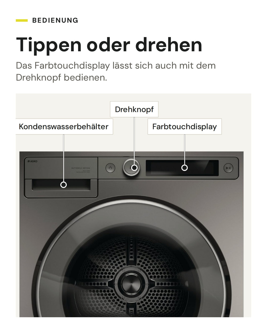 Bedienung des ASKO Wäschetrockners T 509HR T: Farbtouchdisplay und Drehknopf, Kondenswasserbehälter oben links