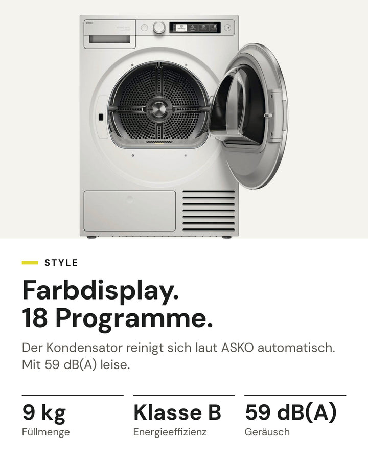 ASKO Wäschetrockner T 509HR W auf einen Blick: Wärmepumpe, 9 kg Füllmenge, Energieeffizienzklasse B, 59 dB(A)