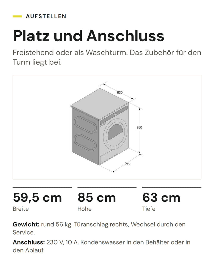 Masse des ASKO Wäschetrockners T 509HR W: 59,5 cm breit, 85 cm hoch, 63 cm tief, Anschluss 230 V, 10 A