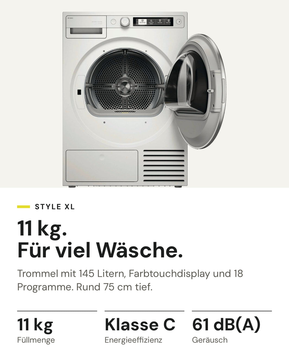 ASKO Wäschetrockner T 511HRXL W auf einen Blick: Wärmepumpe, 11 kg Füllmenge, Energieeffizienzklasse C, 61 dB(A)