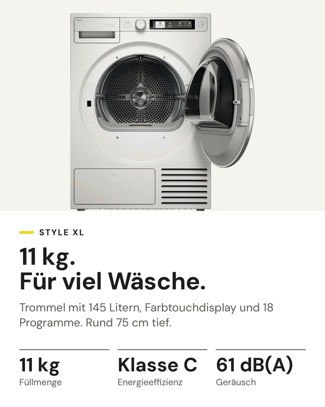ASKO Wäschetrockner T 511HRXL W auf einen Blick: Wärmepumpe, 11 kg Füllmenge, Energieeffizienzklasse C, 61 dB(A)