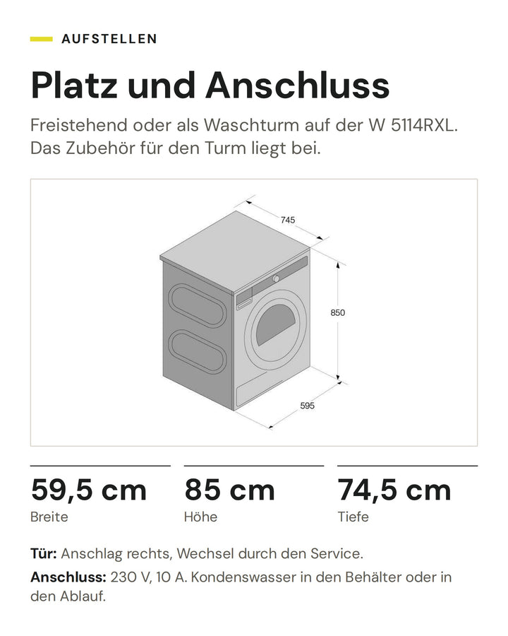 Masse des ASKO Wäschetrockners T 511HRXL W: 59,5 cm breit, 85 cm hoch, 74,5 cm tief, Anschluss 230 V, 10 A