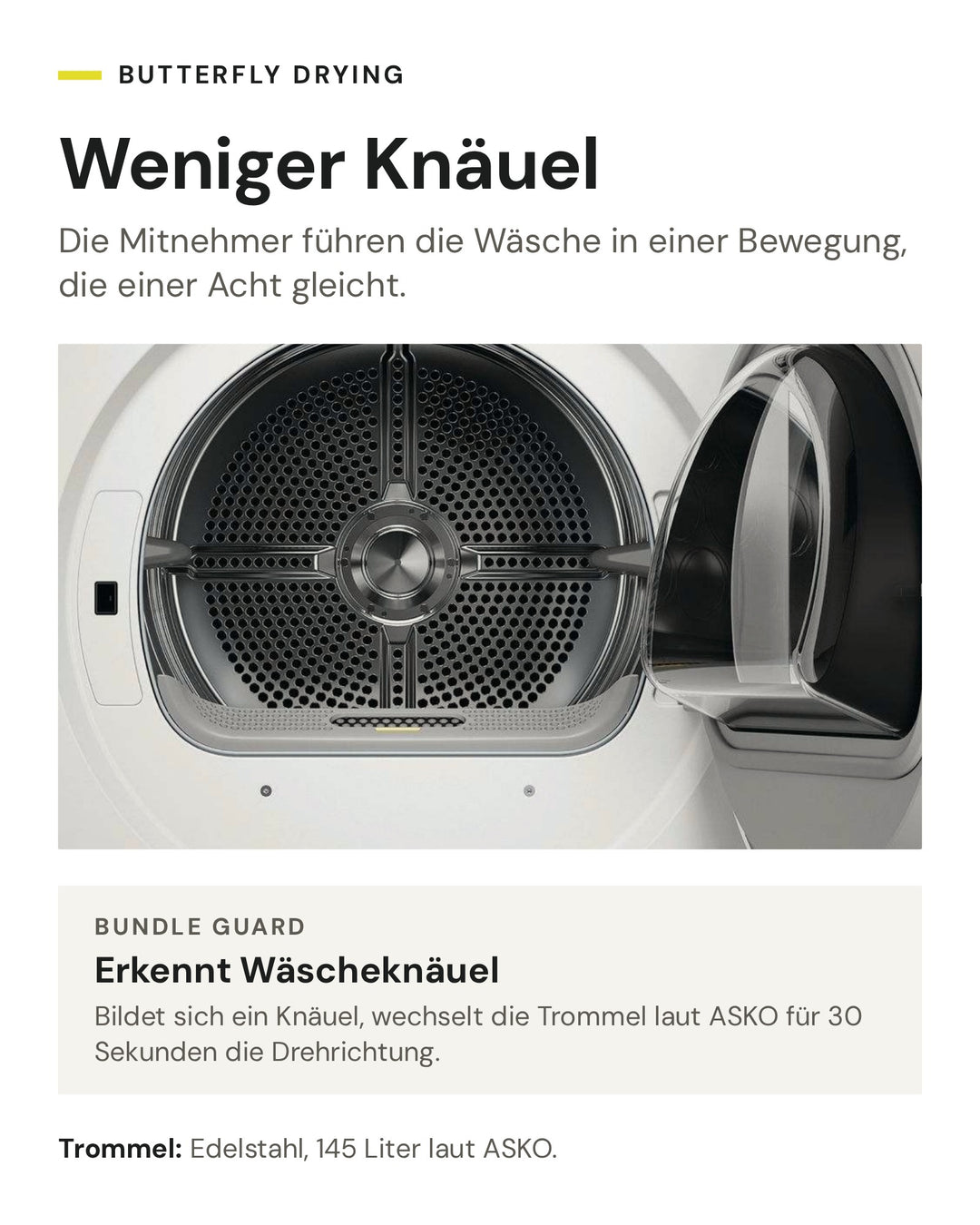 ASKO Butterfly Drying und Bundle Guard: Die Wäsche bewegt sich in Form einer Acht, Knäuel erkennt der Trockner und wechselt die Drehrichtung