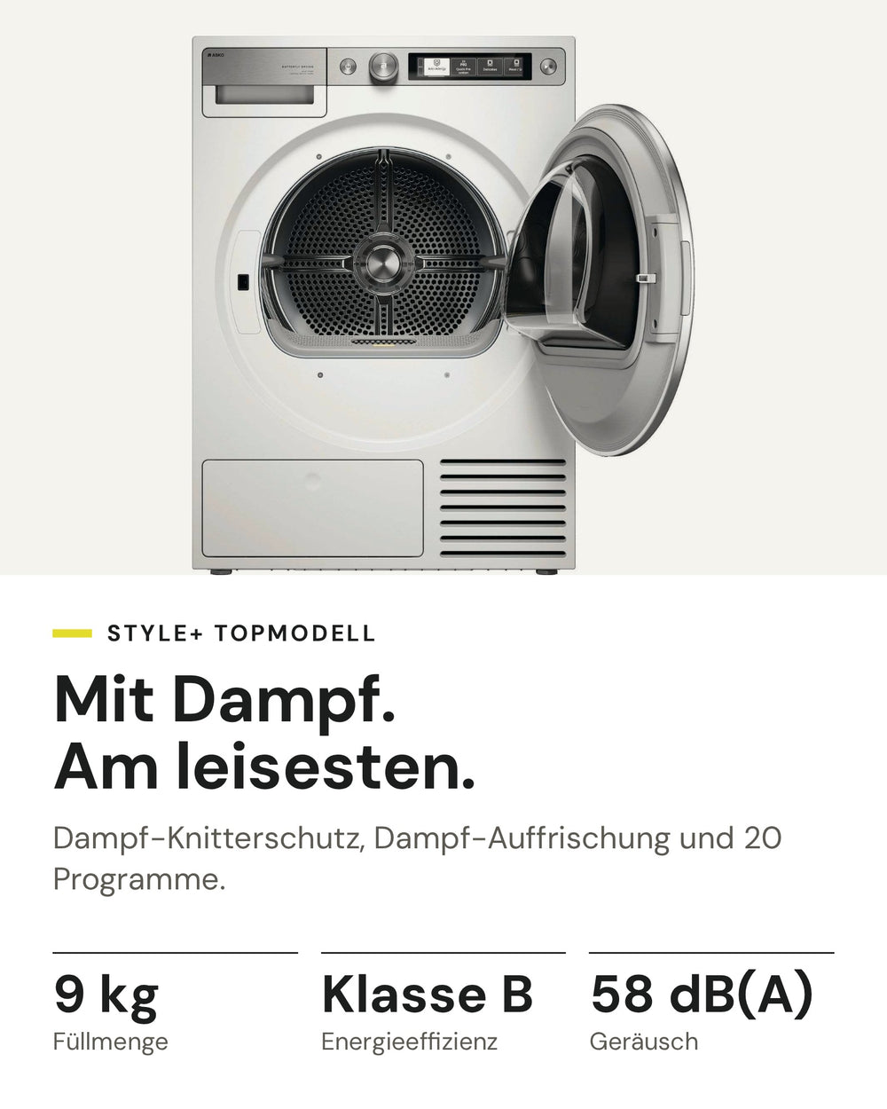 ASKO Wäschetrockner T 709HU W auf einen Blick: Wärmepumpe, 9 kg Füllmenge, Energieeffizienzklasse B, 58 dB(A)
