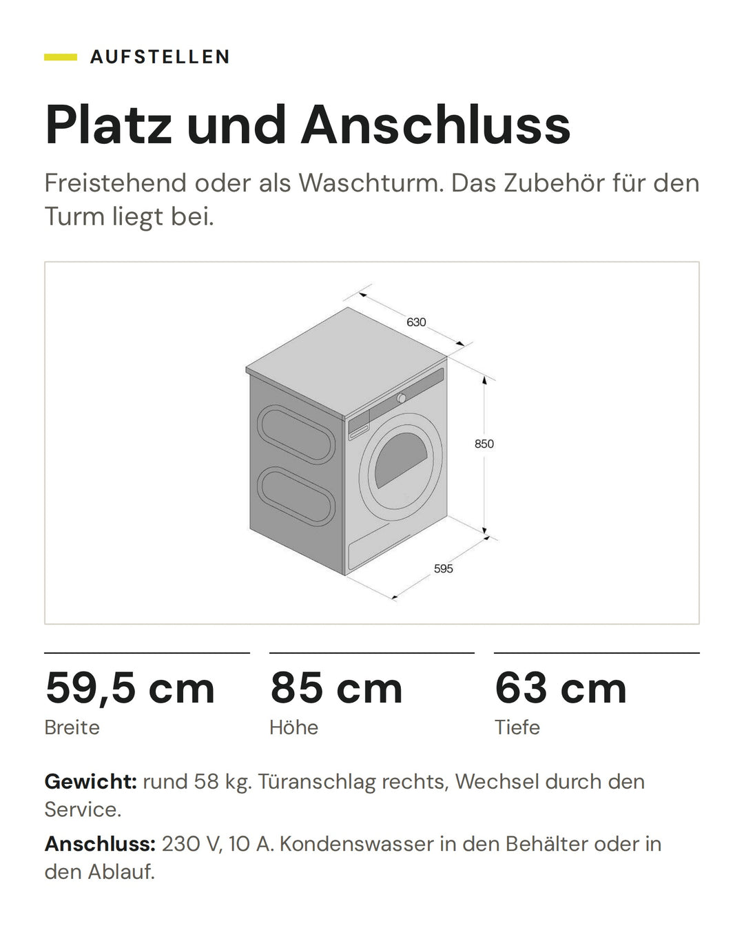 Masse des ASKO Wäschetrockners T 709HU W: 59,5 cm breit, 85 cm hoch, 63 cm tief, Anschluss 230 V, 10 A
