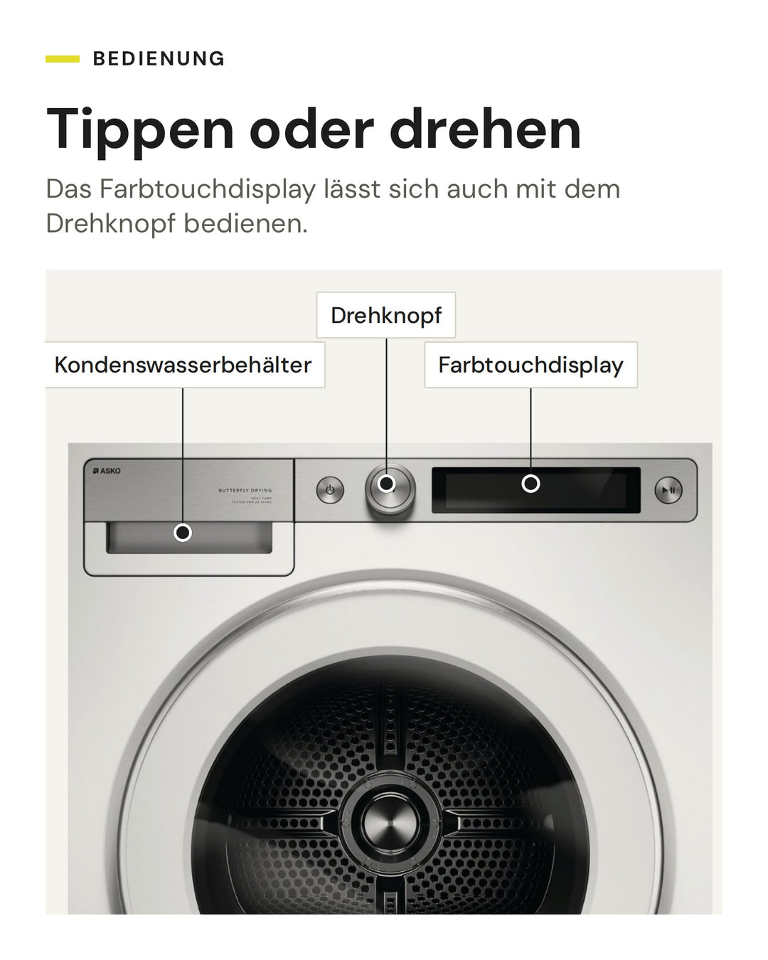 Bedienung des ASKO Wäschetrockners T 709HU W: Farbtouchdisplay und Drehknopf, Kondenswasserbehälter oben links