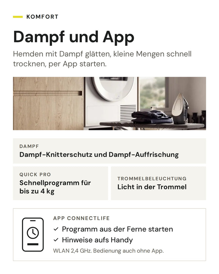 ASKO Wäschetrockner T 709HU W mit Dampf-Knitterschutz, Dampf-Auffrischung, Quick Pro, Trommelbeleuchtung und App ConnectLife