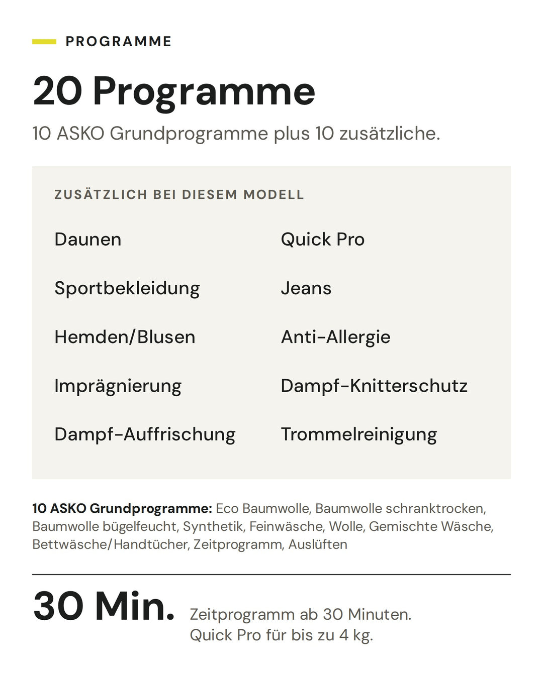 Die 20 Programme des ASKO Wäschetrockners T 709HU W: 10 ASKO Grundprogramme plus 10 zusätzliche, darunter zwei Dampfprogramme