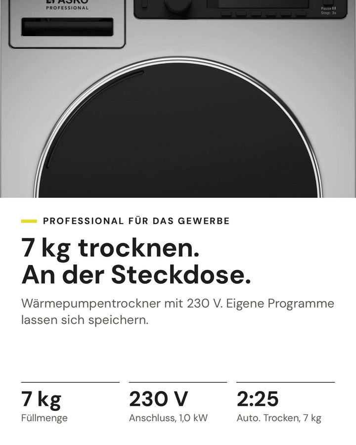 ASKO Professional Wäschetrockner TDC 1771H T auf einen Blick: Füllmenge 7 kg, Anschluss, 1,0 kW 230 V, Auto. Trocken, 7 kg 2:25