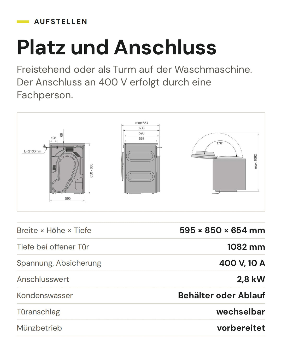 Platz und Anschluss der ASKO Wäschetrockner TDC 1772CB T: Breite × Höhe × Tiefe 595 × 850 × 654 mm, Tiefe bei offener Tür 1082 mm, Spannung, Absicherung 400 V, 10 A, Anschlusswert 2,8 kW, Kondenswasser Behälter oder Ablauf, Türanschlag wechselbar, Münzbetrieb vorbereitet