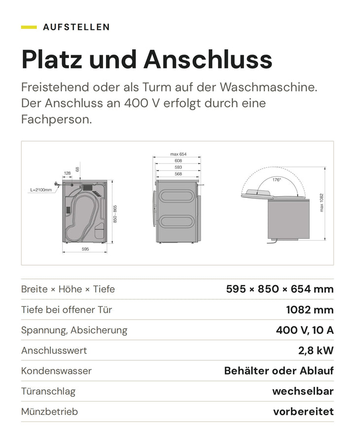Platz und Anschluss der ASKO Wäschetrockner TDC 1772CB T: Breite × Höhe × Tiefe 595 × 850 × 654 mm, Tiefe bei offener Tür 1082 mm, Spannung, Absicherung 400 V, 10 A, Anschlusswert 2,8 kW, Kondenswasser Behälter oder Ablauf, Türanschlag wechselbar, Münzbetrieb vorbereitet