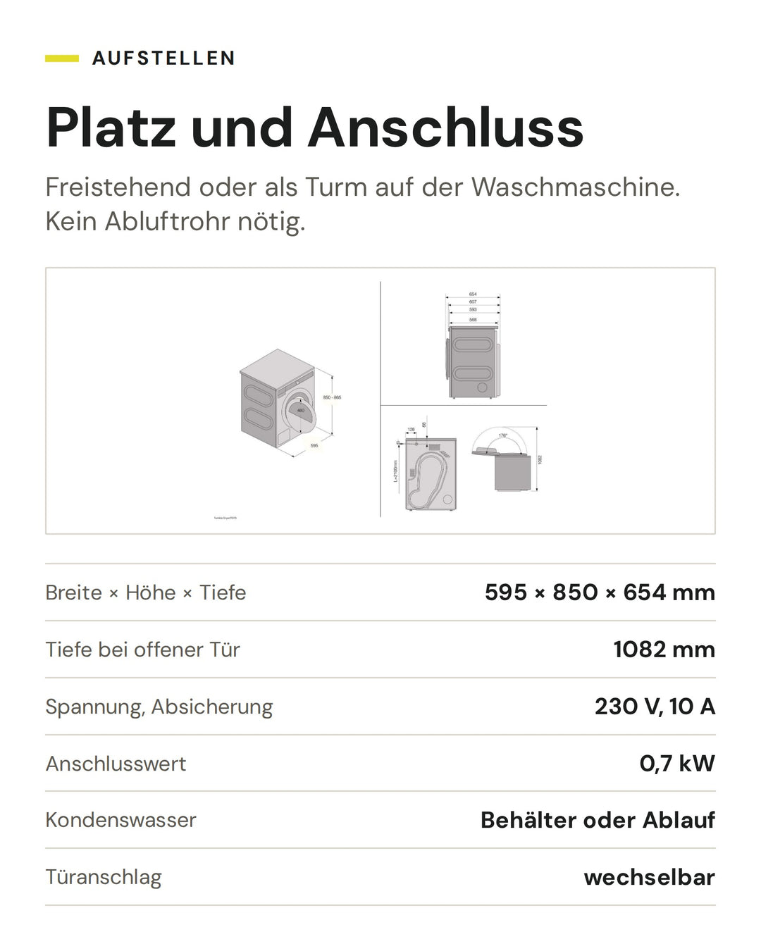 Platz und Anschluss der ASKO Wäschetrockner TDC 1781H W/1: Breite × Höhe × Tiefe 595 × 850 × 654 mm, Tiefe bei offener Tür 1082 mm, Spannung, Absicherung 230 V, 10 A, Anschlusswert 0,7 kW, Kondenswasser Behälter oder Ablauf, Türanschlag wechselbar