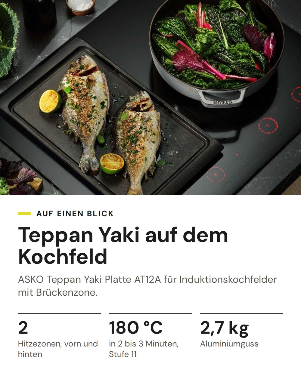 ASKO Teppan Yaki Platte AT12A mit Fisch auf dem Induktionskochfeld: zwei Hitzezonen, rund 180 Grad in 2 bis 3 Minuten, 2,7 kg Aluminiumguss