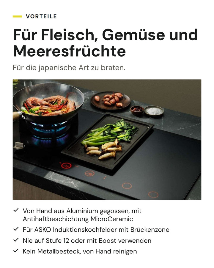 ASKO Teppan Yaki Platte AT12A mit Gemüse auf dem Kochfeld: Aluminiumguss mit Antihaftbeschichtung, für die Brückenzone