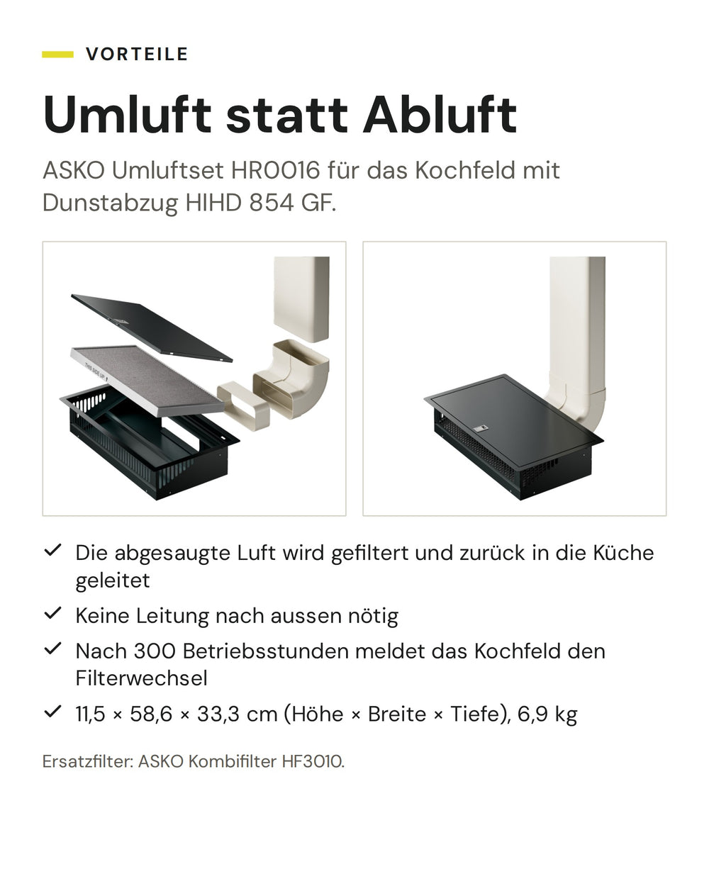 ASKO Umluftset HR0016 für HIHD 854 GF: Umluft ohne Leitung nach aussen, Filterwechsel nach 300 Betriebsstunden mit Anzeige