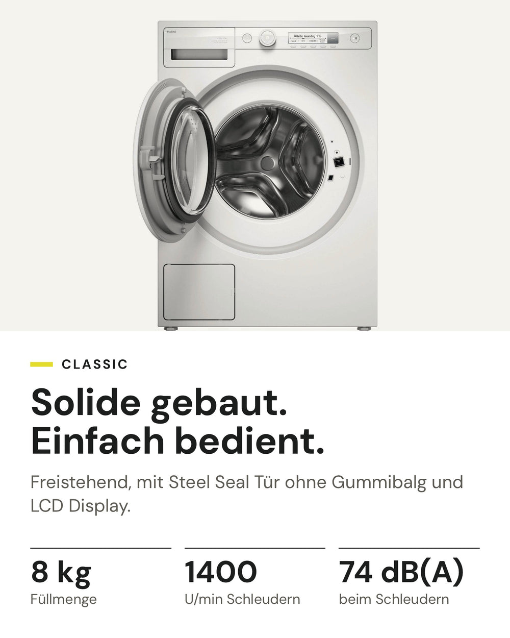 ASKO Waschmaschine W 1084B W auf einen Blick: 8 kg Füllmenge, 1400 U/min, 74 dB(A) beim Schleudern