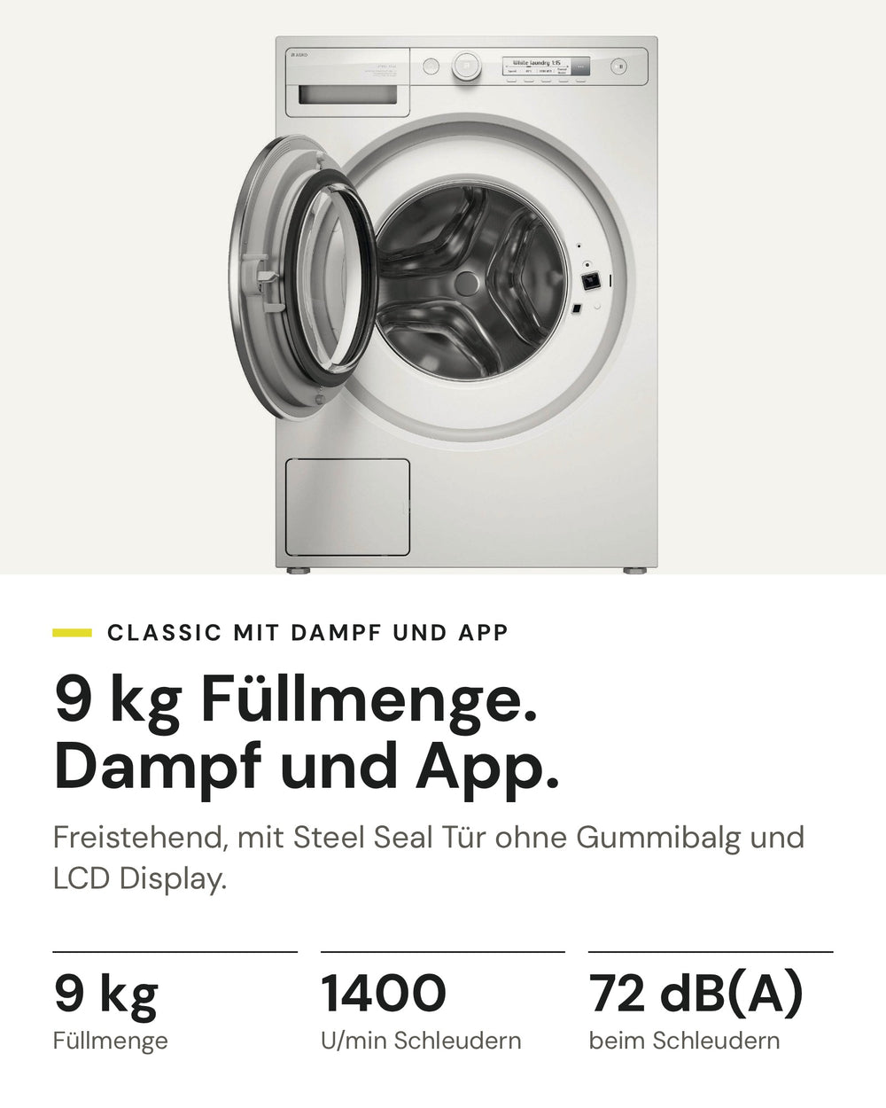 ASKO Waschmaschine W 1094C W auf einen Blick: 9 kg Füllmenge, 1400 U/min, 72 dB(A) beim Schleudern