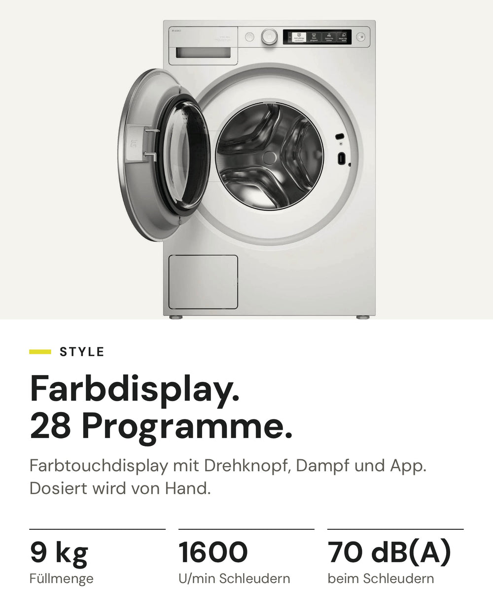 ASKO Waschmaschine W 5096C W auf einen Blick: 9 kg Füllmenge, 1600 U/min, 70 dB(A) beim Schleudern