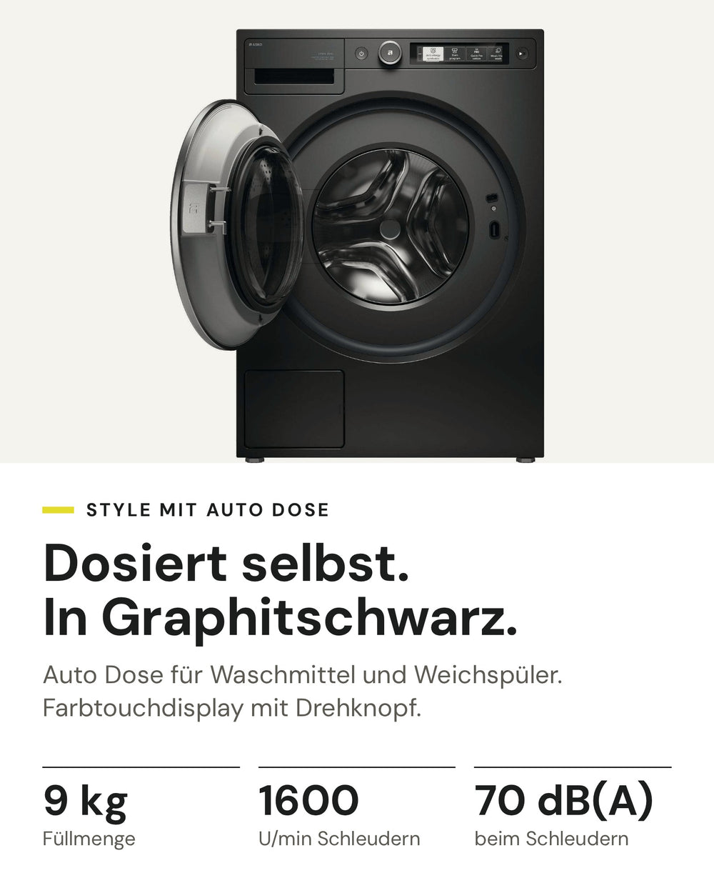 ASKO Waschmaschine W 5096R G auf einen Blick: 9 kg Füllmenge, 1600 U/min, 70 dB(A) beim Schleudern