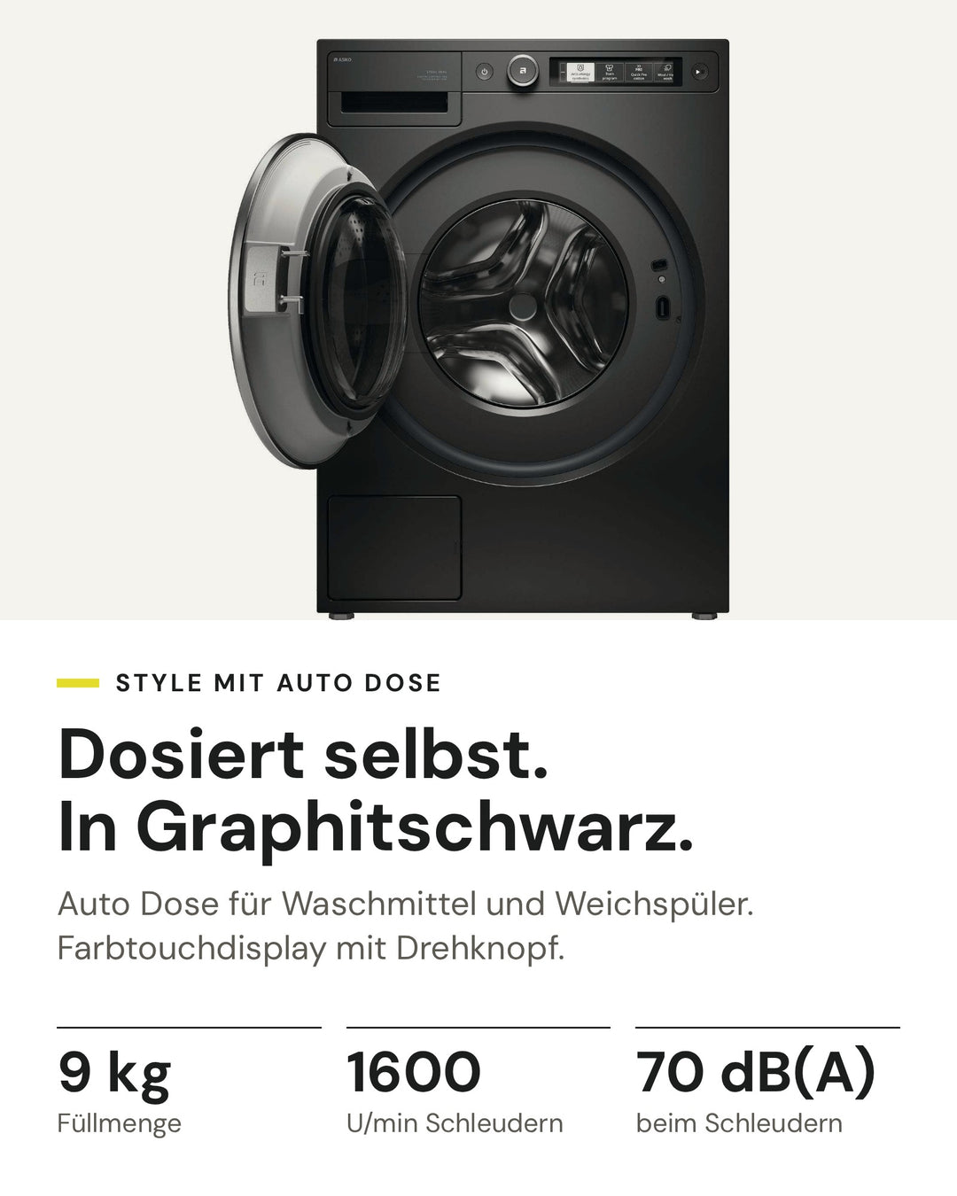 ASKO Waschmaschine W 5096R G auf einen Blick: 9 kg Füllmenge, 1600 U/min, 70 dB(A) beim Schleudern