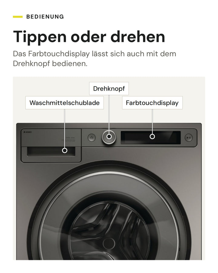 Bedienung der ASKO Waschmaschine W 5096R T: Farbtouchdisplay und Drehknopf