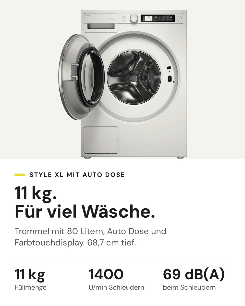 ASKO Waschmaschine W 5114RXL W auf einen Blick: 11 kg Füllmenge, 1400 U/min, 69 dB(A) beim Schleudern