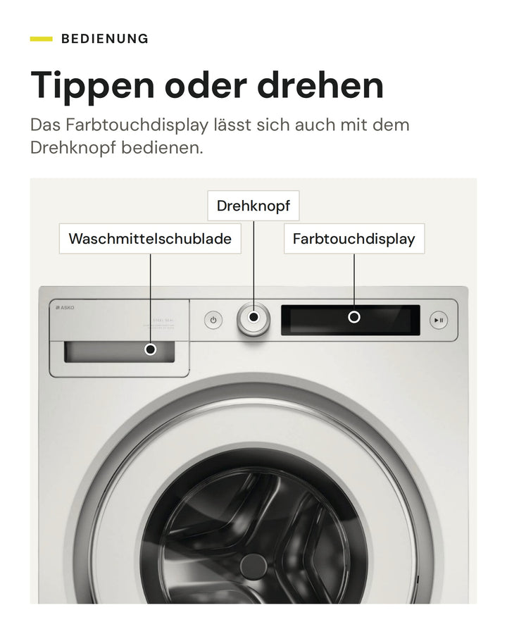 Bedienung der ASKO Waschmaschine W 5114RXL W: Farbtouchdisplay und Drehknopf