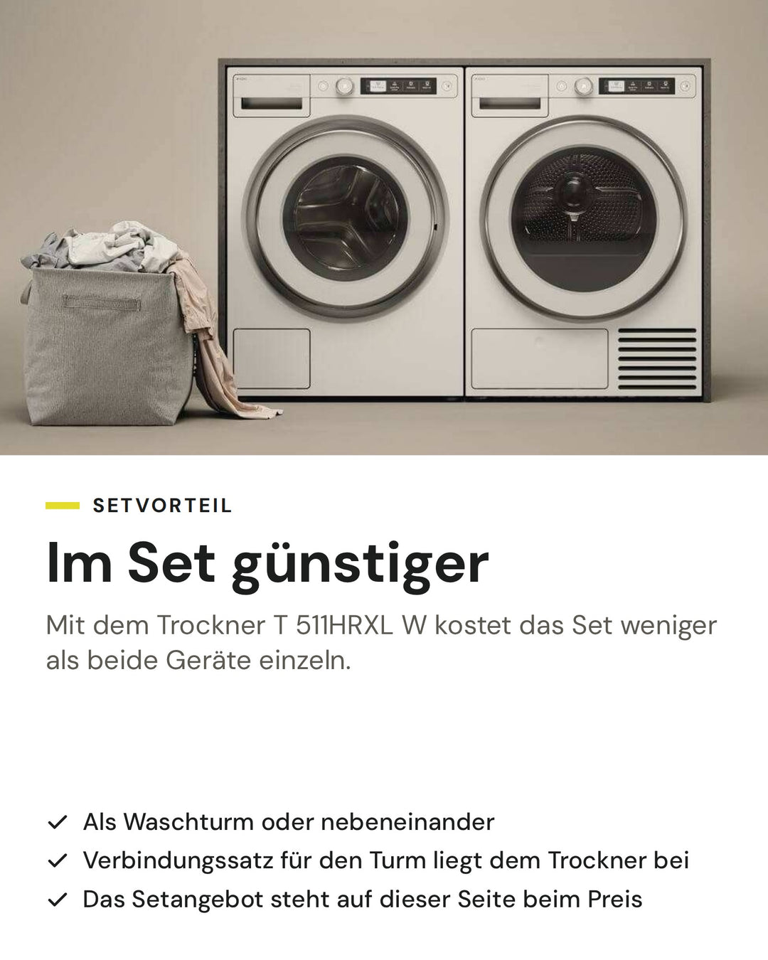 Setvorteil: ASKO Waschmaschine W 5114RXL W im Set mit dem Wäschetrockner T 511HRXL W günstiger als einzeln, als Waschturm oder nebeneinander