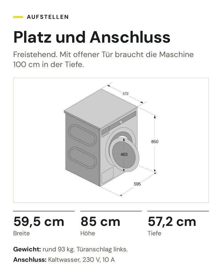 Masse der ASKO Waschmaschine W 7096X W: 59,5 cm breit, 85 cm hoch, 57,2 cm tief, Anschluss 230 V, 10 A