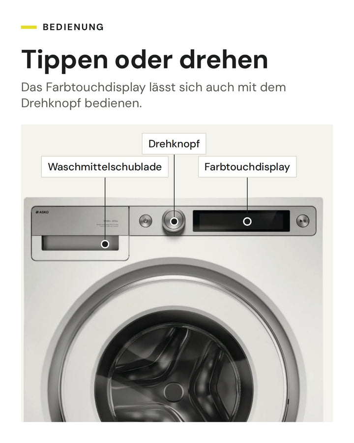 Bedienung der ASKO Waschmaschine W 7096X W: Farbtouchdisplay und Drehknopf