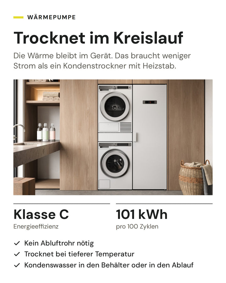 ASKO Wärmepumpentrockner: Energieeffizienzklasse C, 101 kWh pro 100 Zyklen laut EU-Energielabel, kein Abluftrohr nötig