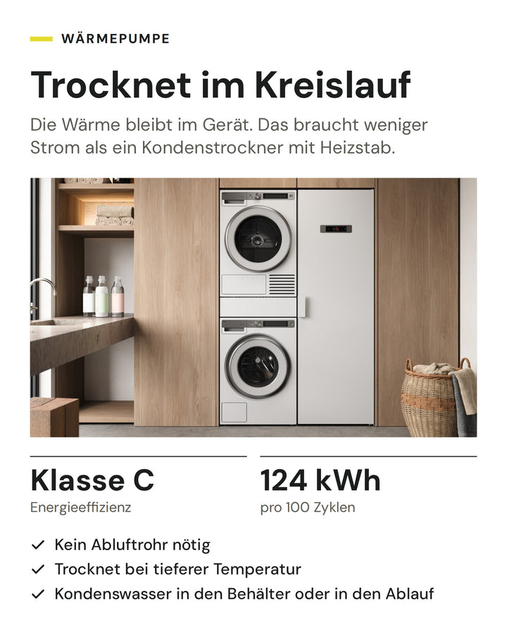 ASKO Wärmepumpentrockner: Energieeffizienzklasse C, 124 kWh pro 100 Zyklen laut EU-Energielabel, kein Abluftrohr nötig