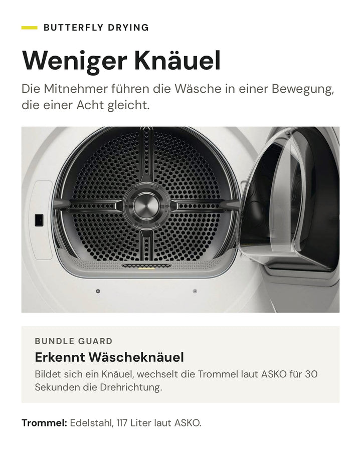 ASKO Butterfly Drying und Bundle Guard: Die Wäsche bewegt sich in Form einer Acht, Knäuel erkennt der Trockner und wechselt die Drehrichtung