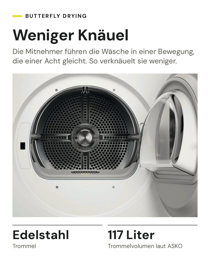 ASKO Butterfly Drying: Die Mitnehmer in der Edelstahltrommel bewegen die Wäsche in Form einer Acht