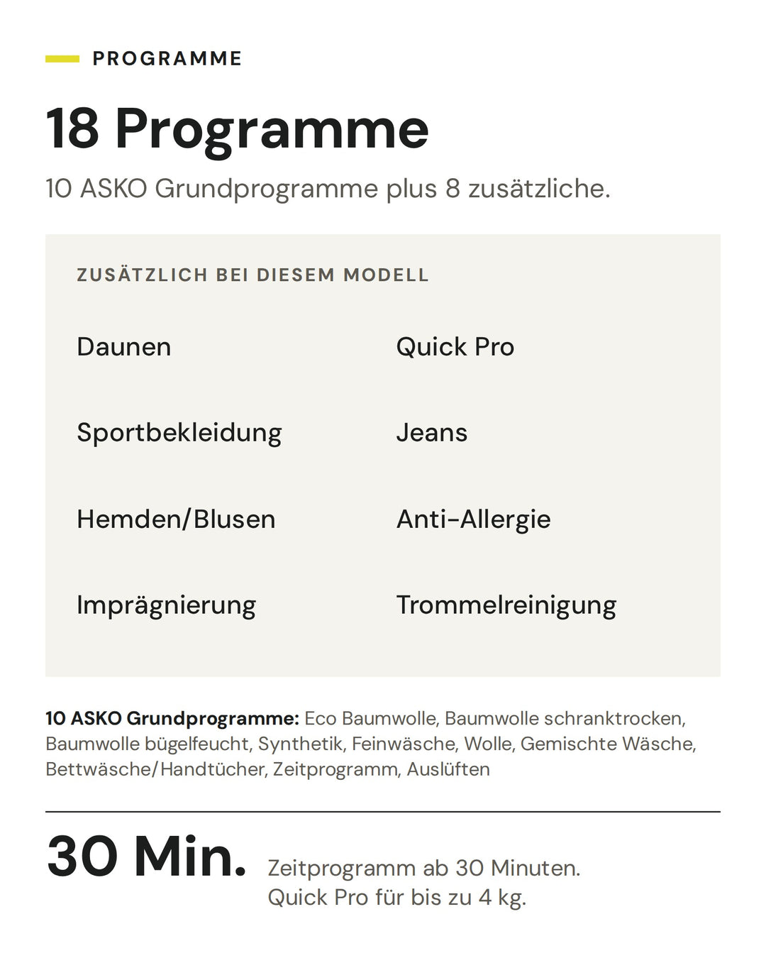 Die 18 Programme der ASKO Wäschetrockner Style: 10 ASKO Grundprogramme plus 8 zusätzliche