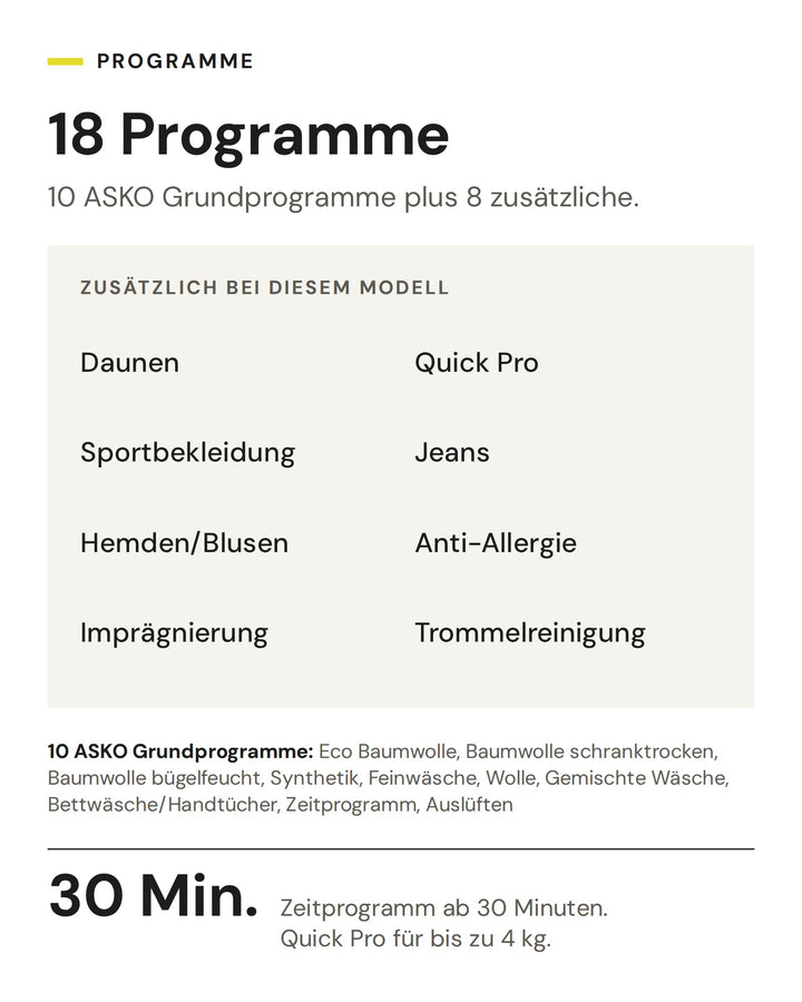 Die 18 Programme der ASKO Wäschetrockner Style: 10 ASKO Grundprogramme plus 8 zusätzliche