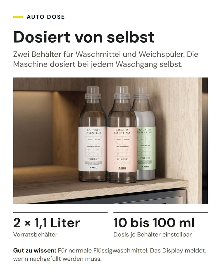 ASKO Auto Dose: automatische Dosierung von Waschmittel und Weichspüler aus zwei Behältern mit je 1,1 Liter