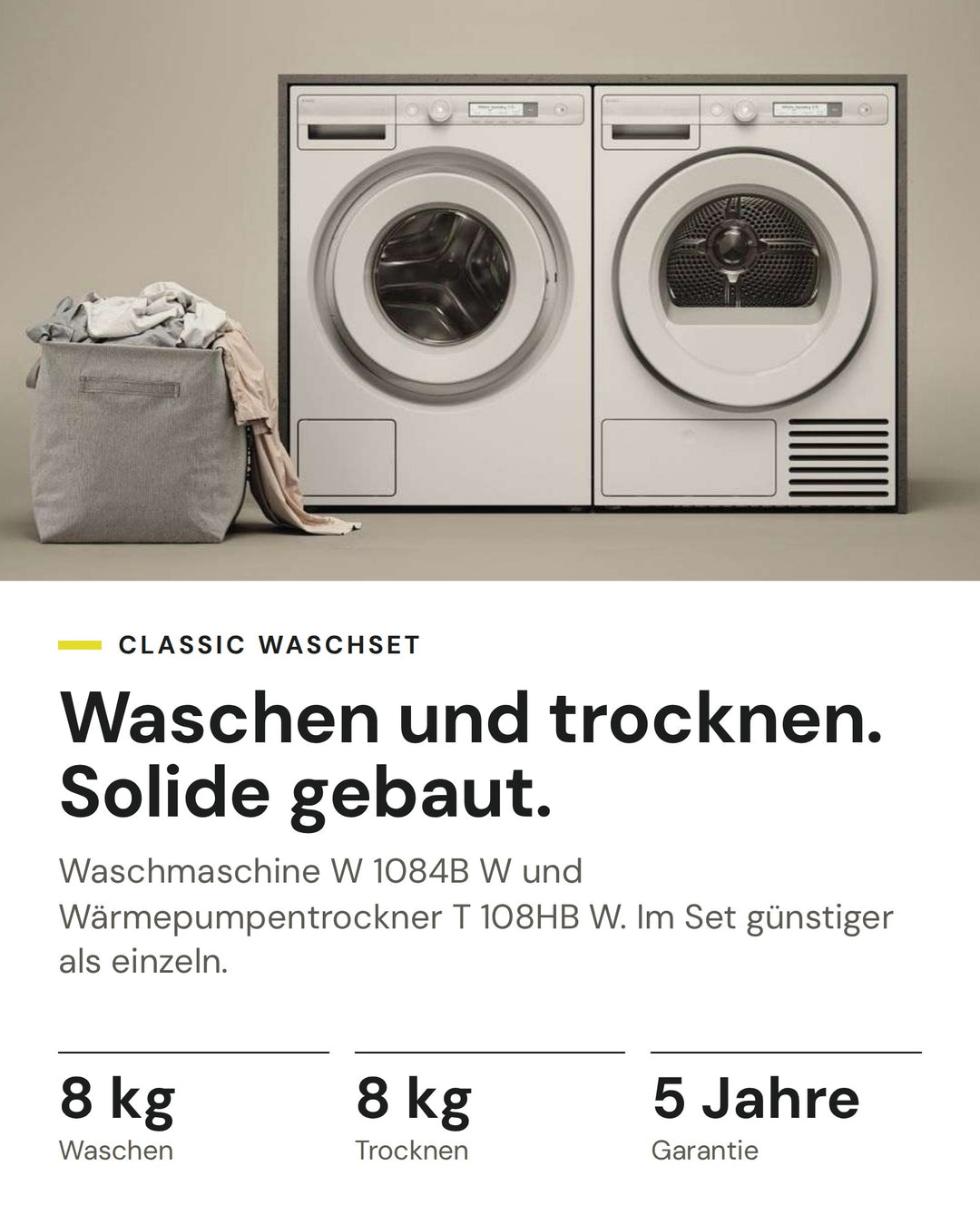 ASKO Waschset auf einen Blick: Waschmaschine W 1084B W mit 8 kg und Wärmepumpentrockner T 108HB W mit 8 kg, im Set günstiger als einzeln